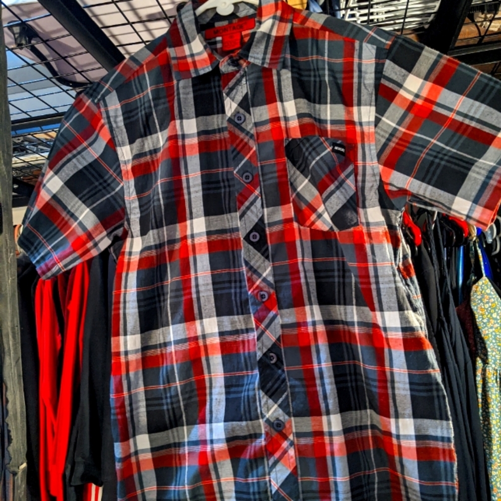 Montage Short Sleeve Red/Black/White Plaid Button Down